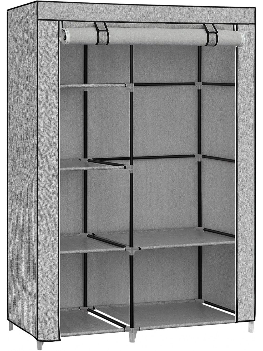 SONGMICS RYG085G22 Wardrobe with 1 Clothes Rail 6 Shelves Non-Woven Fabric Metal Frame 45 x 105 x 168 cm for Bedroom Hallway Grey Herringbone Pattern