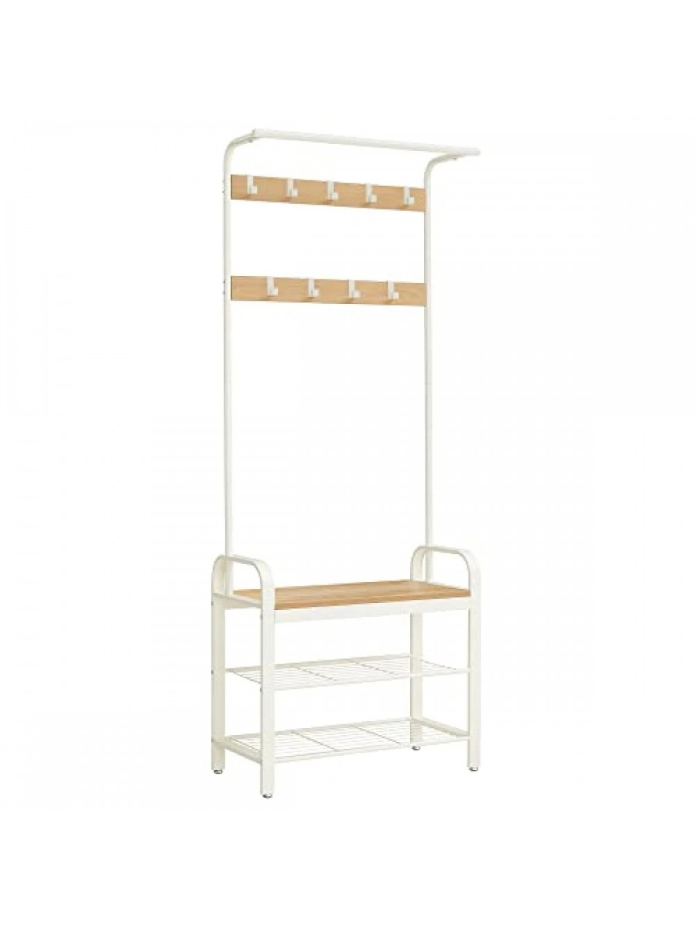 VASAGLE Coat Rack, Coat Stand with Shoe Storage Bench, 4-in-1 Design, with 9 Removable Hooks, a Clothes Rail, for Hallway, Entrance, 33.7 x 77 x 183 cm, Industrial, Rustic Oak and Cream HSR40W