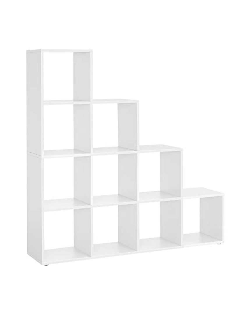 VASAGLE Bookcase, Stair Organiser, 10 Open Cubes, Wooden Display Shelf, Free Standing Shelf, 129.5 x 29 x 129.5 cm, Room Divider, White LBC10WTV1