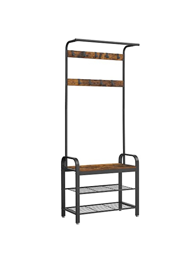 VASAGLE Coat Rack, Coat Stand with Shoe Storage Bench, 4-in-1 Design, with 9 Removable Hooks, a Clothes Rail, for Hallway, Entrance, 33.7 x 77 x 183 cm, Industrial, Rustic Brown and Black HSR40B