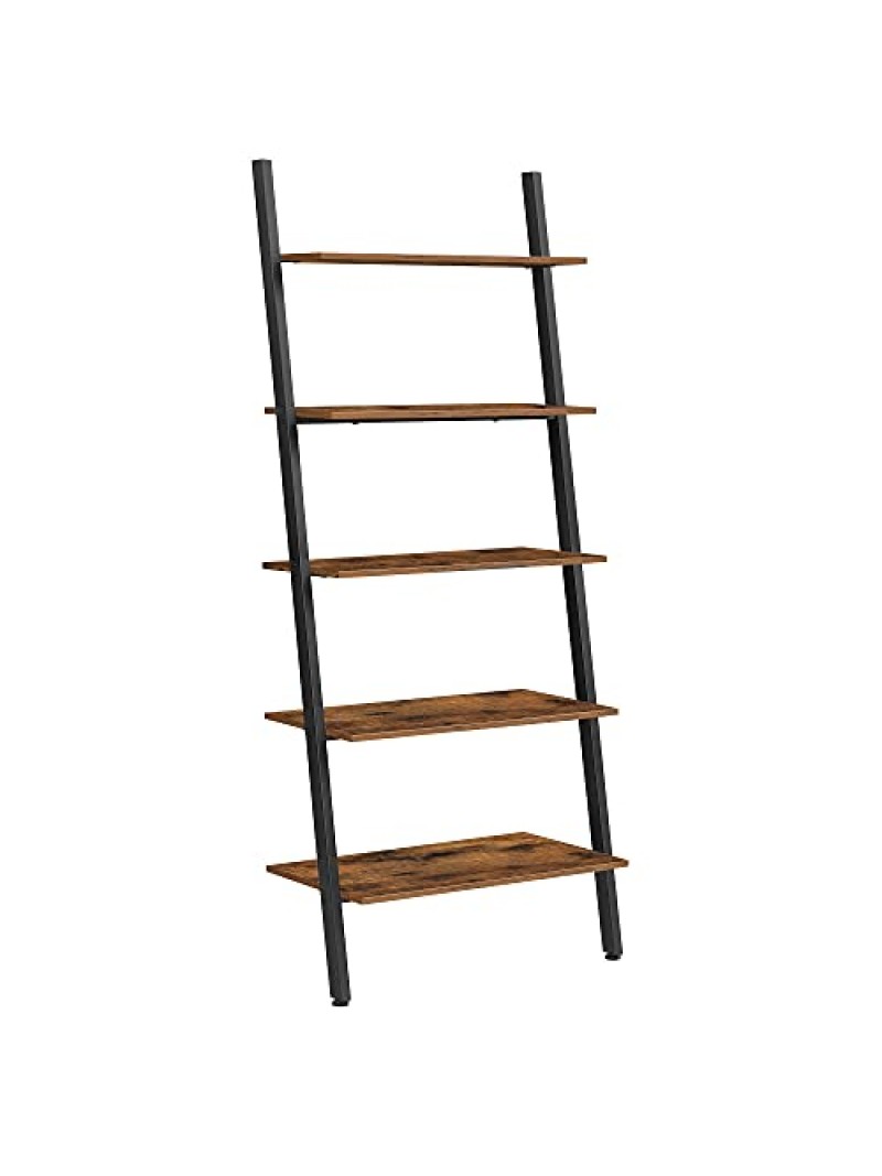 VASAGLE Industrial Ladder Shelf, 5-Tier Bookshelf Rack, Wall Shelf for Living Room, Kitchen, Office, Stable Steel, Leaning Against the Wall, Rustic Brown and Black LLS46BX