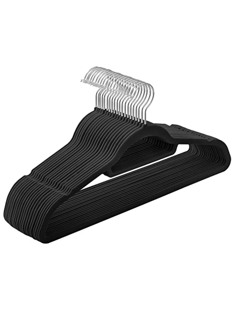 SONGMICS Velvet Hangers, Set of 20 Clothes Coat Hangers, Non-Slip, with Tie Bar and 360° Swivel Hook, Space-Saving, 0.6 cm Thick, 43.5 cm Long, for Dresses Trousers, Black CRF20B