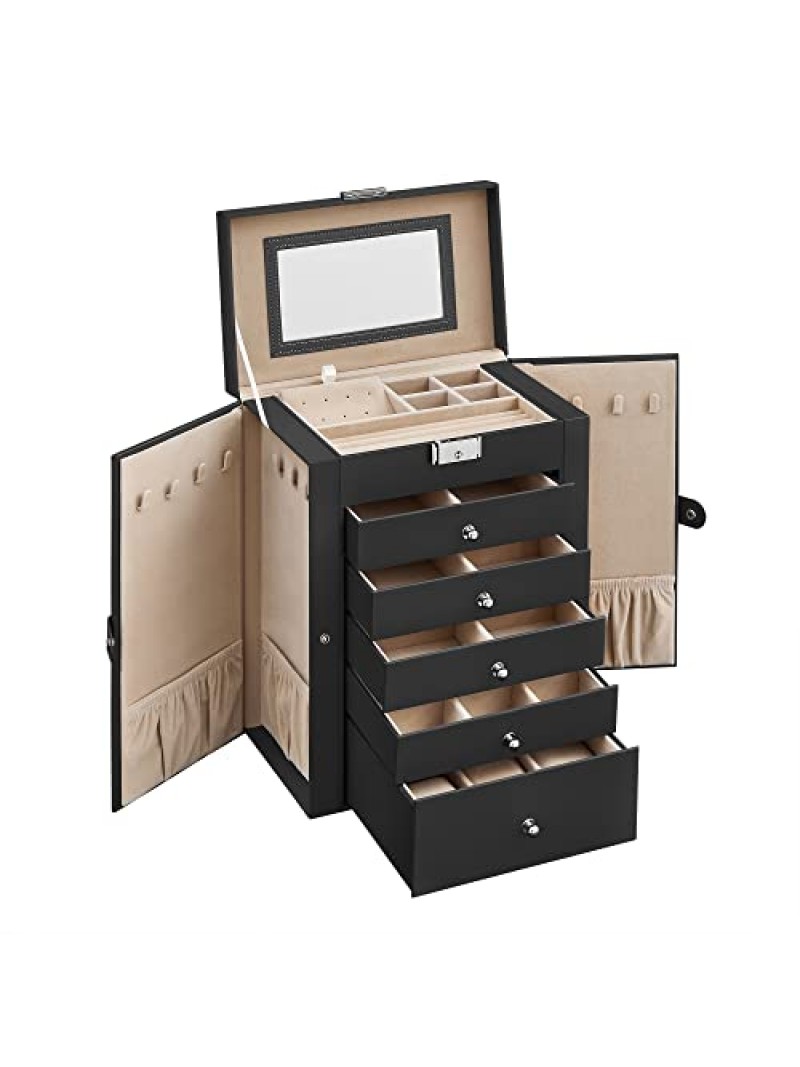 SONGMICS Jewellery Box 6 Tiers, Jewellery Case with 5 Drawers, Large Storage Capacity, with Mirror, Lockable, Jewellery Storage Organiser, Gift for Loved Ones, for Watches, Black JBC152B01