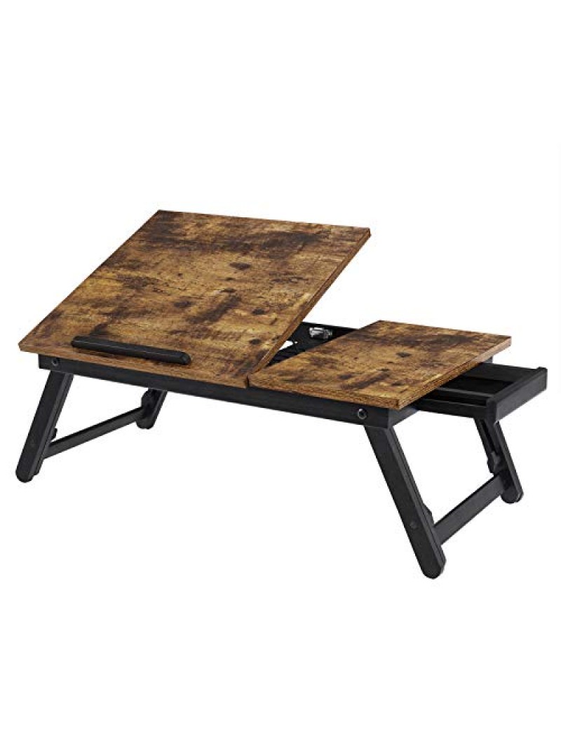 SONGMICS Laptop Desk for Bed or Sofa with Adjustable Tilting Top, Breakfast Serving Tray with Height Adjustable Folding Legs, Fits Screen Size up to 15.6 Inches, Floor Desk, Rustic Brown LLD105B01