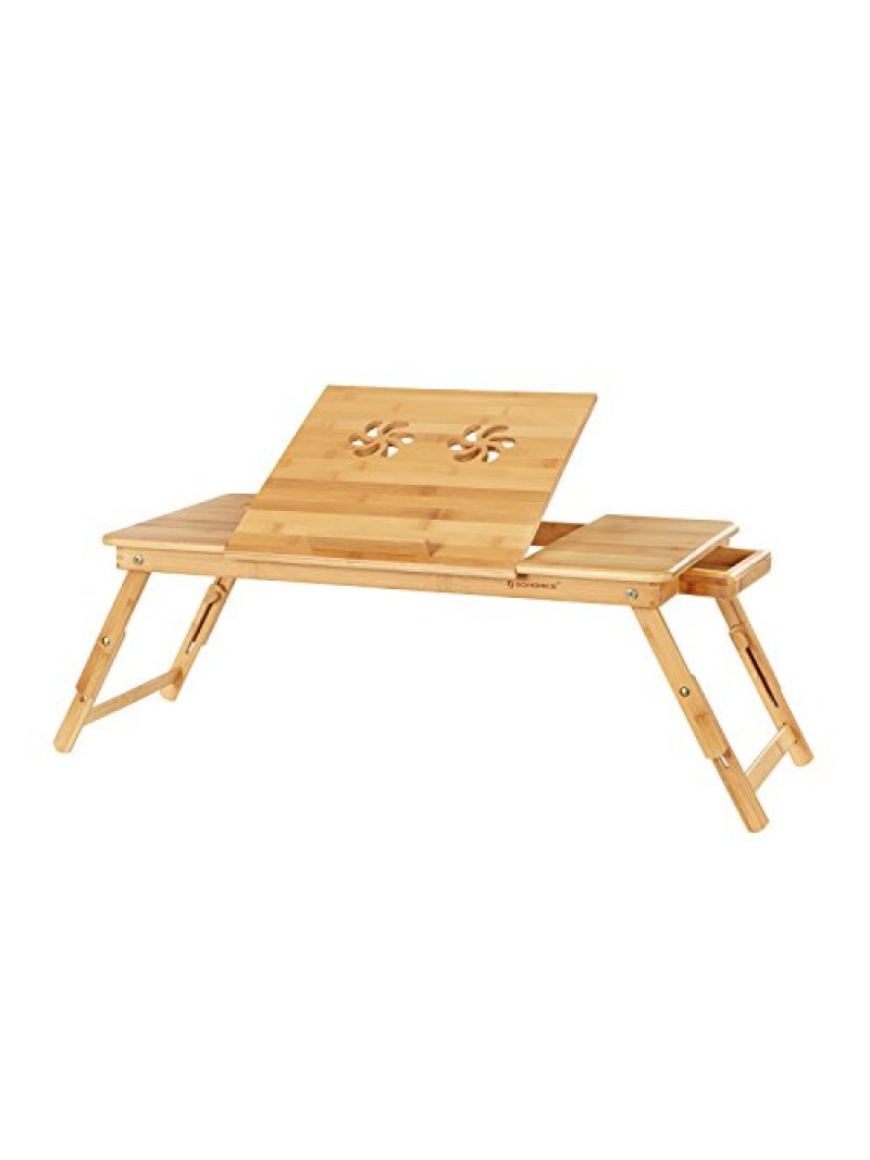 SONGMICS Bamboo Laptop Desk, Foldable Bed Table, for Left-hander, Right-hander, Height Adjustable Sofa Tray, 72 x (21-29) x 35 cm (B x H x T), with 5 Tilting Angles, Air Holes, Small Drawer LLD004