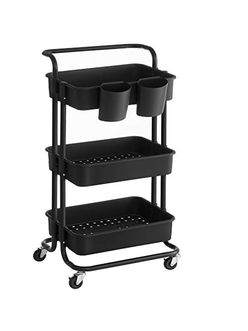 SONGMICS Rolling Cart, 3-Tier Storage Cart, Storage Trolley with Handle 2 Small Organisers, Steel Frame, Plastic Baskets, Utility Cart, Easy Assembly, for Bathroom Laundry Room, Black BSC067B01