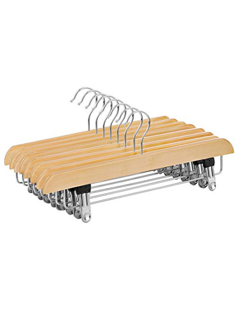 SONGMICS Skirt, Pack of 8, Solid Wood Trousers Hangers, with Non-Slip Clips for Pants Slacks, Shorts, Natural CRW008-8, 35.5 x 16.2 x 1.1 cm