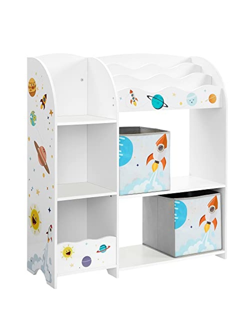 Songmics Toy and Book Organiser for Kids, Ξύλινη Παιδική Ραφιέρα με 2 Υφασμάτινα Κουτιά Αποθήκευσης 93 x 30 x 100cm