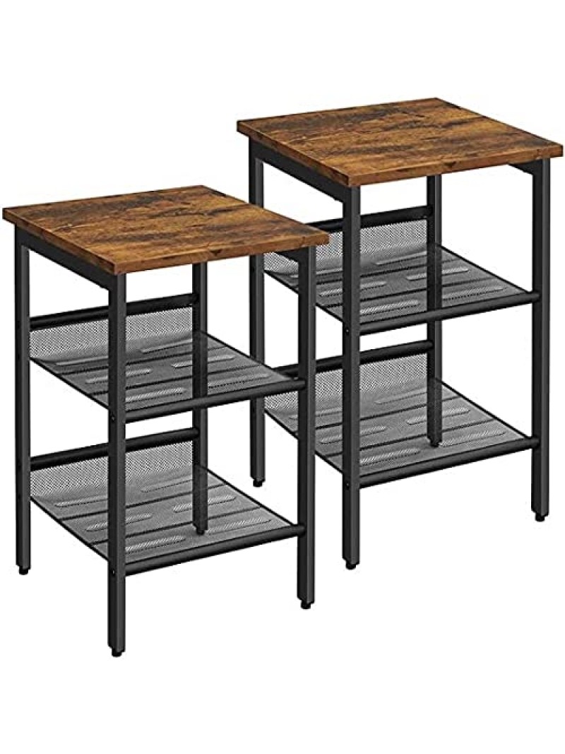 VASAGLE Side Table Set, Nightstand, Industrial Set of 2 Bedside Tables, with Adjustable Mesh Shelves, Living Room, Bedroom, Hallway, Office, Stable, Rustic Brown and Black LET24X