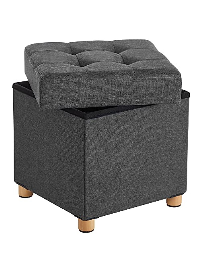 SONGMICS Collapsible Cube Ottoman Storage and Foot Stool with Wooden Feet and Lid Dark Grey LSF14GYZ