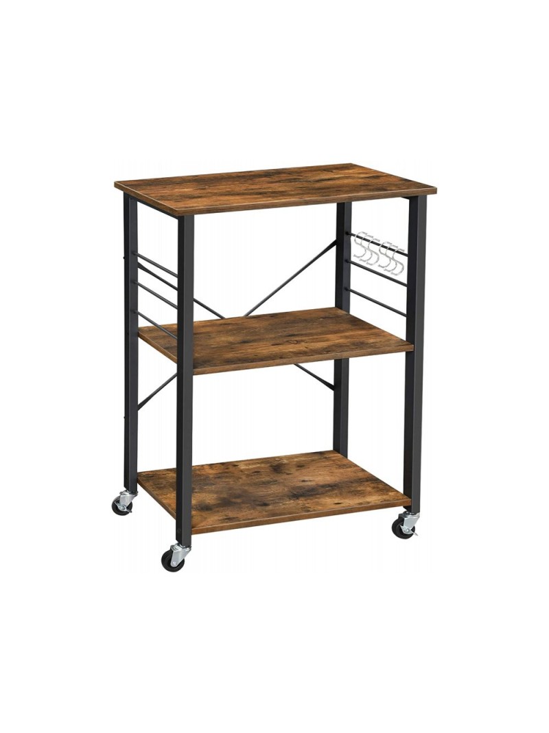 VASAGLE Kitchen Shelf on Wheels, Τρόλεϊ Κουζίνας Ξύλινο 3 Θέσεων με Ράφια & Καφέ Επιφάνειες σε Ρουστίκ Στυλ - KKS60XV1, Μαύρο