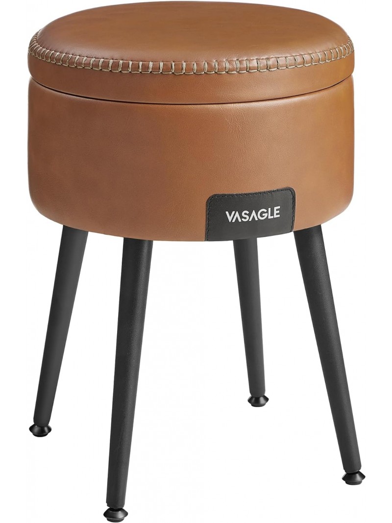 VASAGLE EKHO Collection - Storage Pouf, Vanity Stool, Faux Leather with Stitching, Mid Century Modern, Round Storage Seat with Steel Legs, Load 150 kg, Caramel Brown LOM005K01