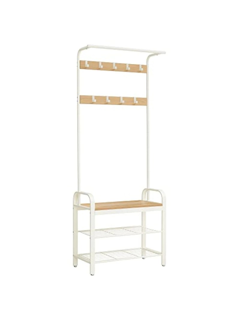 VASAGLE Coat Rack, Coat Stand with Shoe Storage Bench, 4-in-1 Design, with 9 Removable Hooks, a Clothes Rail, for Hallway, Entrance, 33.7 x 77 x 183 cm, Industrial, Rustic Oak and Cream HSR40W