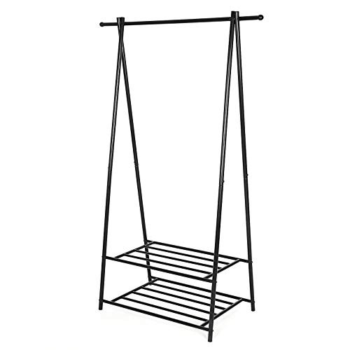 SONGMICS Ράφι παλτών, βάση παλτών, ράφι ρούχων με ράφι αποθήκευσης 2 επιπέδων για παπούτσια και καλάθια, μεταλλικό πλαίσιο, εξοικονόμηση χώρου, ιδανικό για κρεβατοκάμαρα, είσοδο, γραφείο και άλλα, μαύρο HSR05B