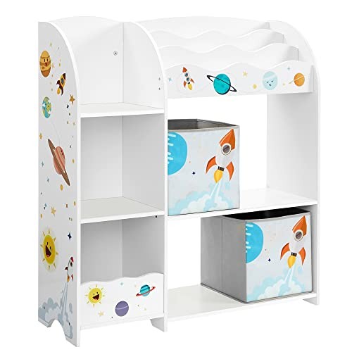 Songmics Toy and Book Organiser for Kids, Ξύλινη Παιδική Ραφιέρα με 2 Υφασμάτινα Κουτιά Αποθήκευσης 93 x 30 x 100cm